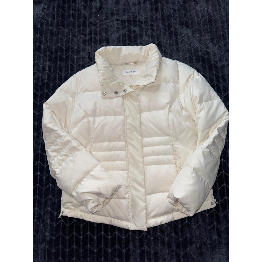 Calvin‎ Klein Women White Full Zip Down Puffer Fleece Lined Coat Jacket Zip Sz L